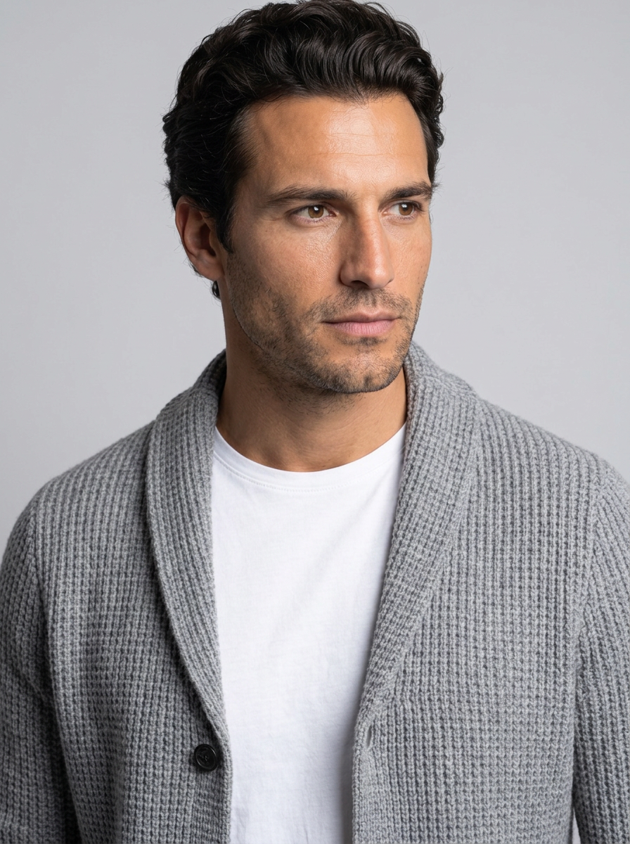 Men's Slim Fit Wool Cardigan in Grey – close-up