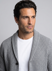 Men's Slim Fit Wool Cardigan in Grey – close-up