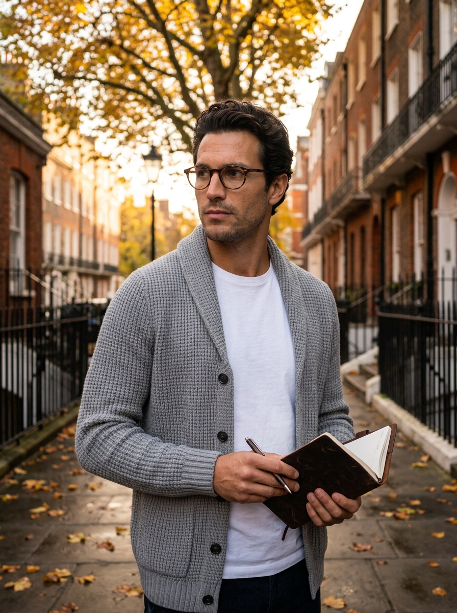 Men's Slim Fit Wool Cardigan in Grey – lifestyle shot