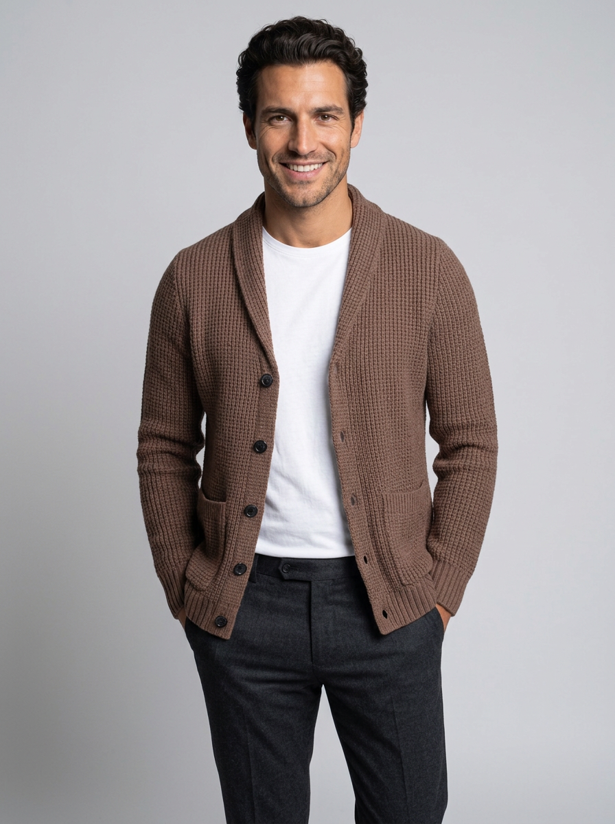 Men's Slim Fit Wool Cardigan in Brown – front view
