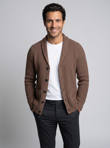Men's Slim Fit Wool Cardigan in Brown – front view