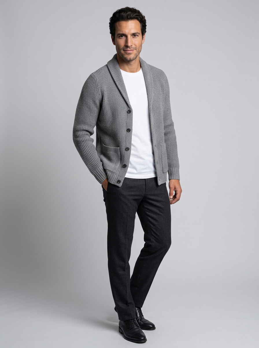 Men's Slim Fit Wool Cardigan in Grey – three-quarter view
