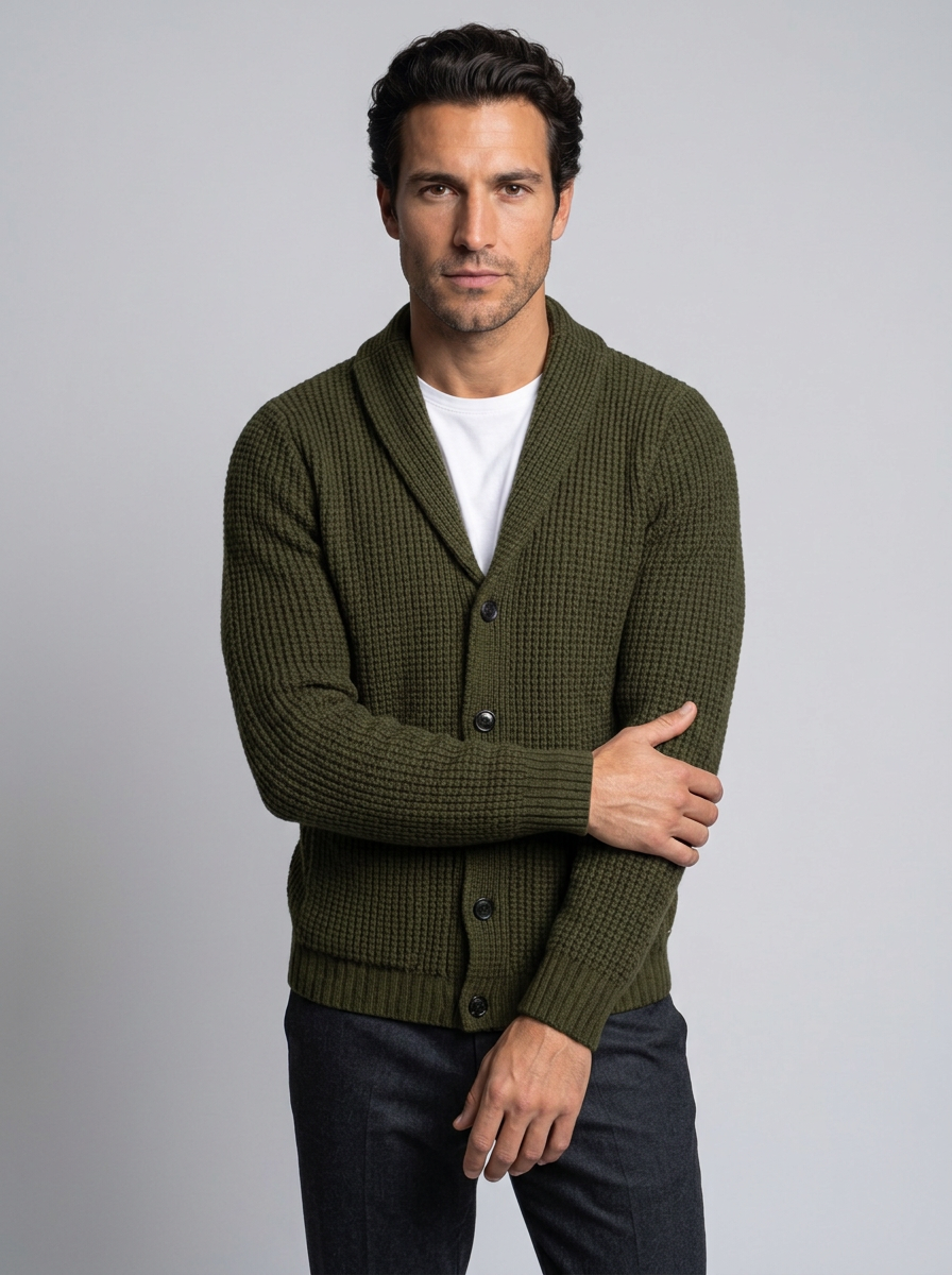 Men's Slim Fit Wool Cardigan in Olive Green – front view