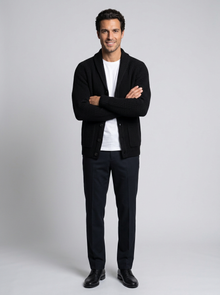 Men's Slim Fit Wool Cardigan in Black – front view