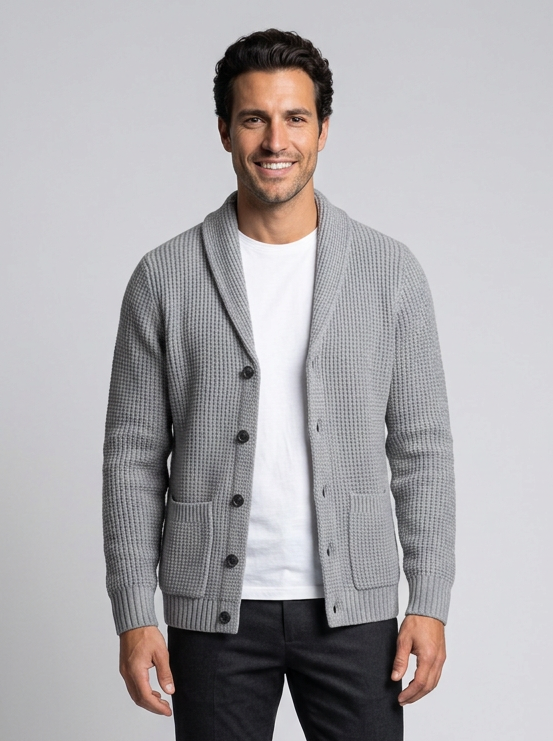 Men's Slim Fit Wool Cardigan in Grey – front view