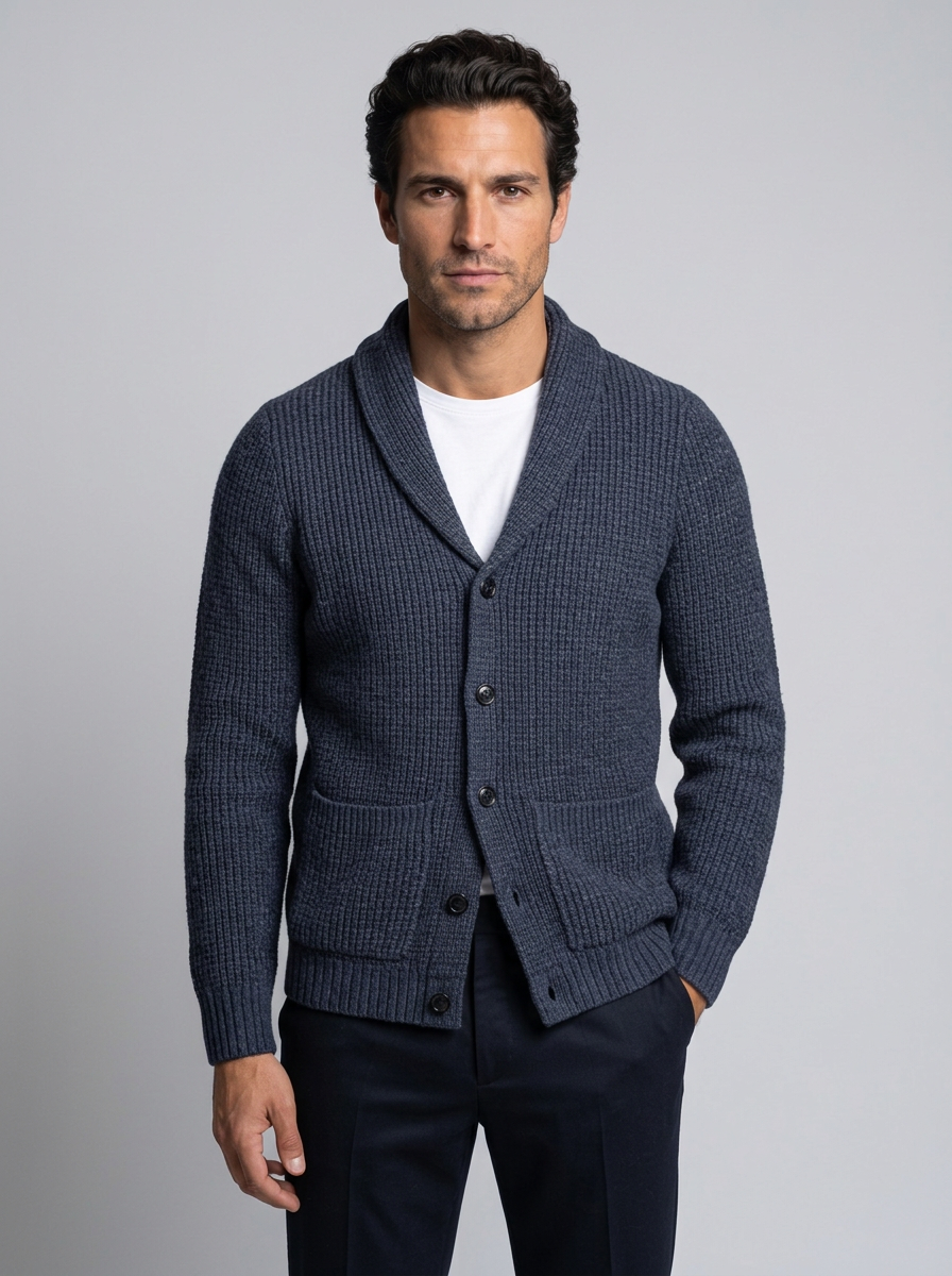 Men's Slim Fit Wool Cardigan in Navy – front view