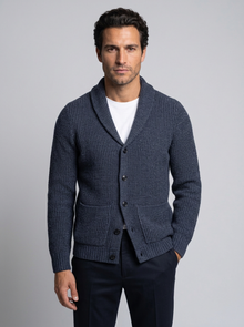 Men's Slim Fit Wool Cardigan in Navy – front view