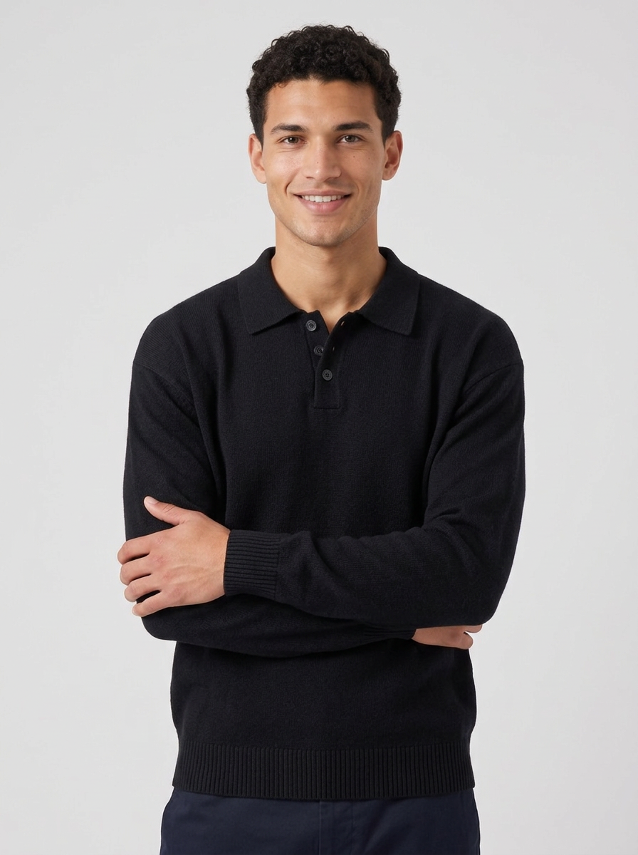 Men's Relaxed Button Polo Jumper in Black – front view