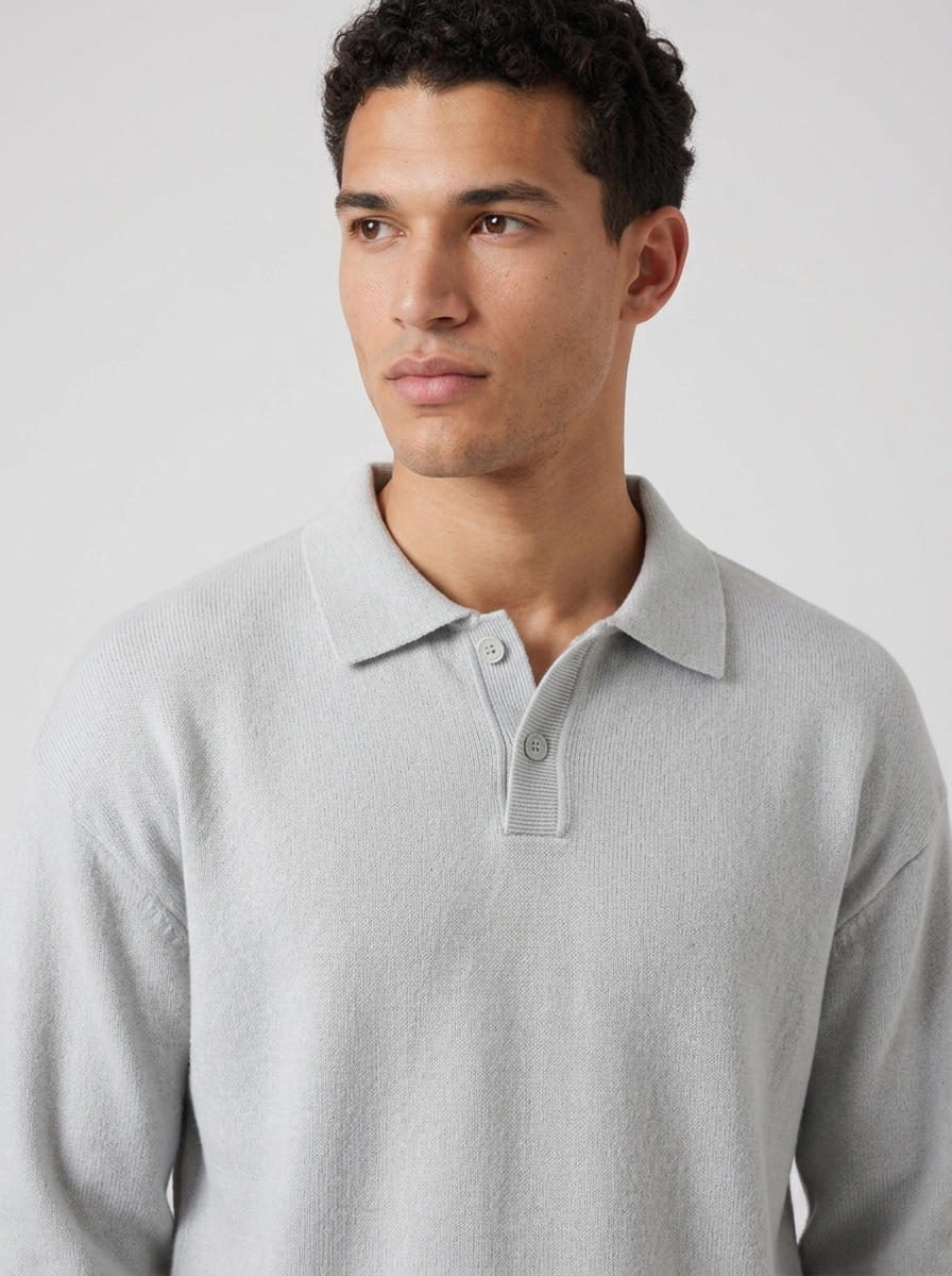 Men's Relaxed Button Polo Jumper in Grey – three-quarter view