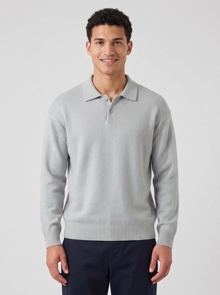 Men's Relaxed Button Polo Jumper in Grey – front view
