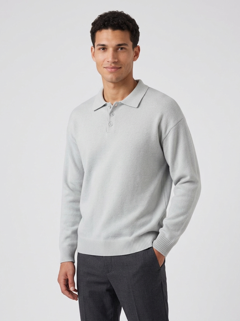 Men's Relaxed Button Polo Jumper in Grey – three-quarter view