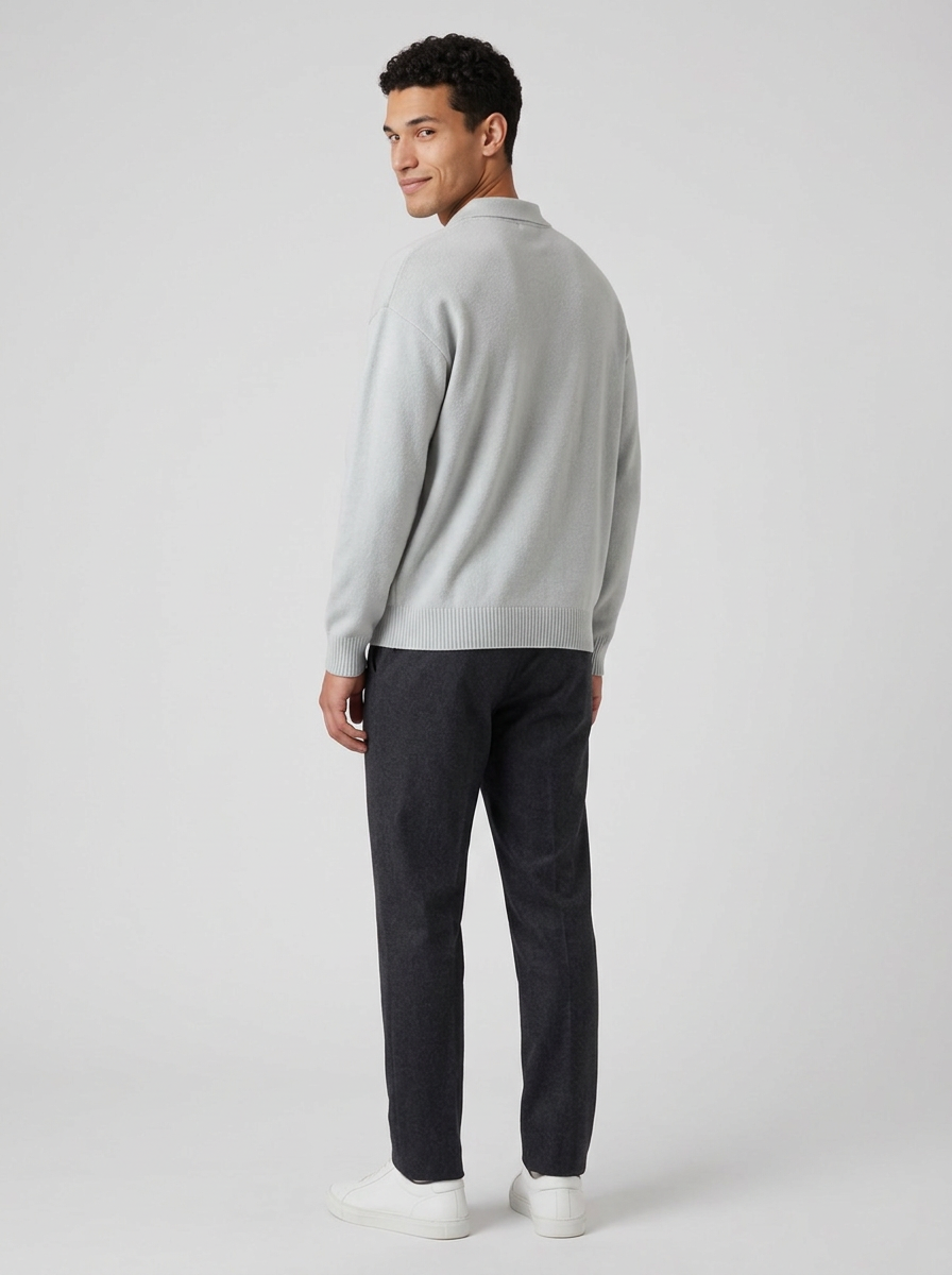Men's Relaxed Button Polo Jumper in Grey – back view