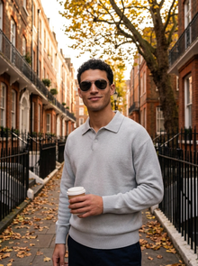 Men's Relaxed Button Polo Jumper in Grey – lifestyle shot