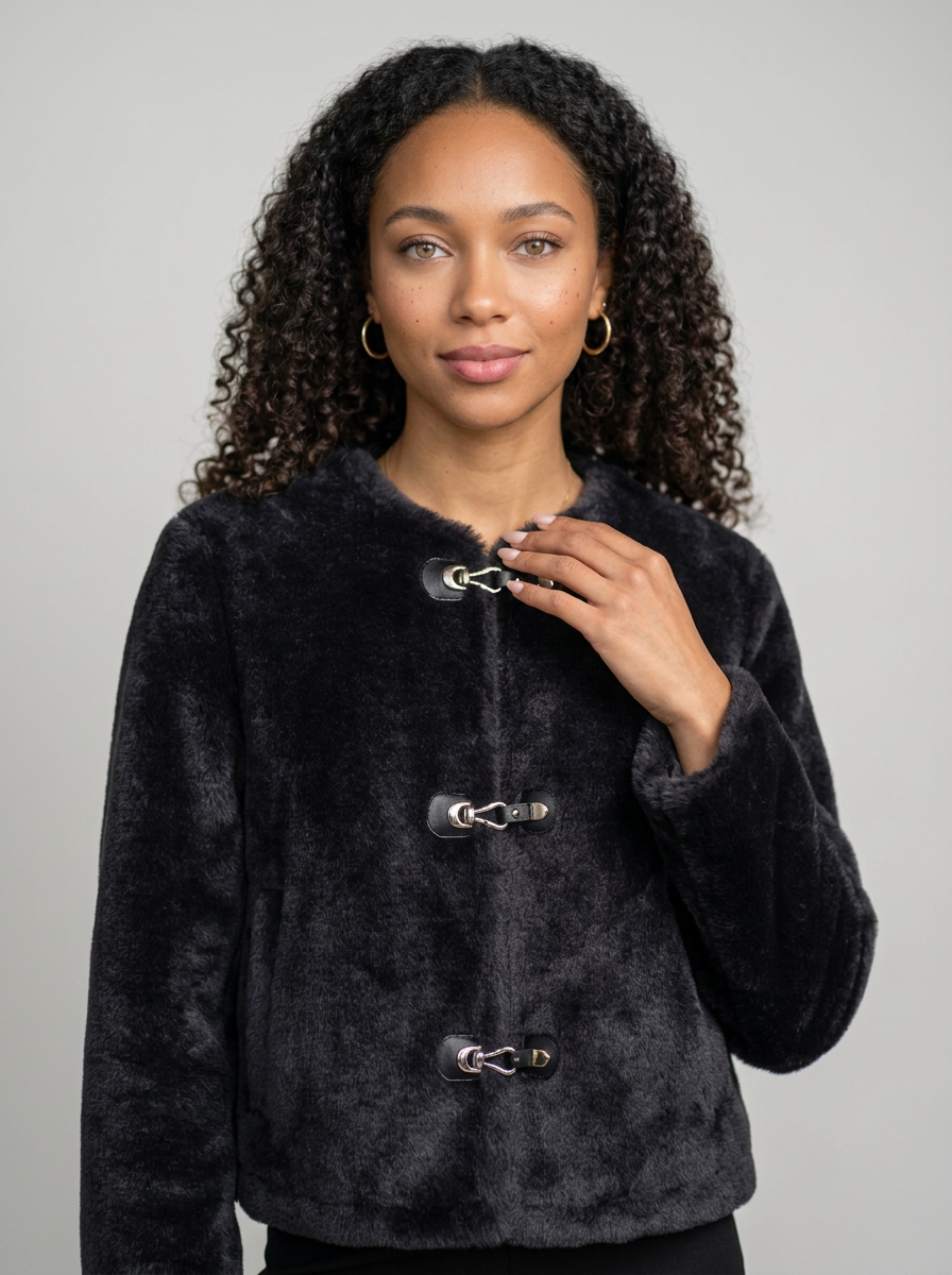 Women's Faux Fur Toggle Button Jacket in Black – front view