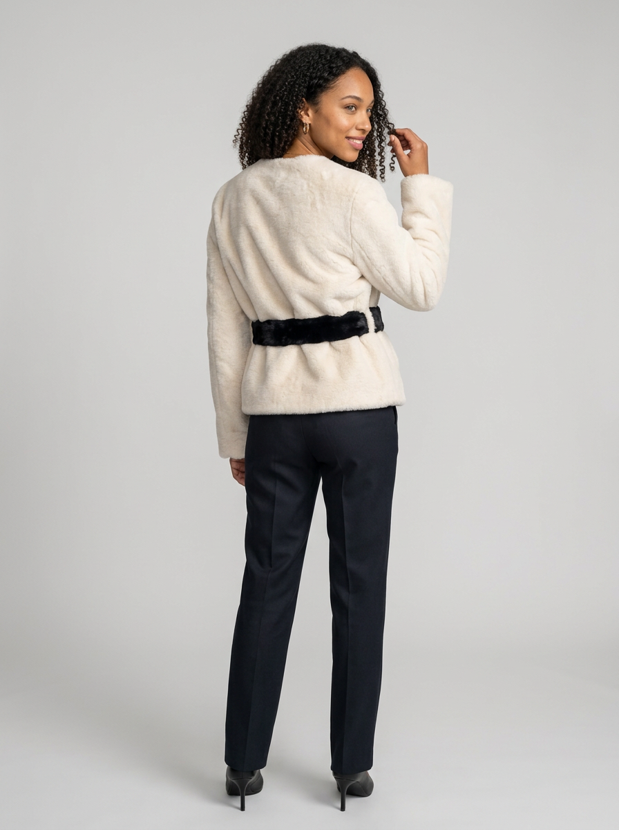 Women's Faux Fur Toggle Button Jacket in Beige – back view