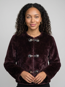 Women's Faux Fur Toggle Button Jacket in Brown – front view