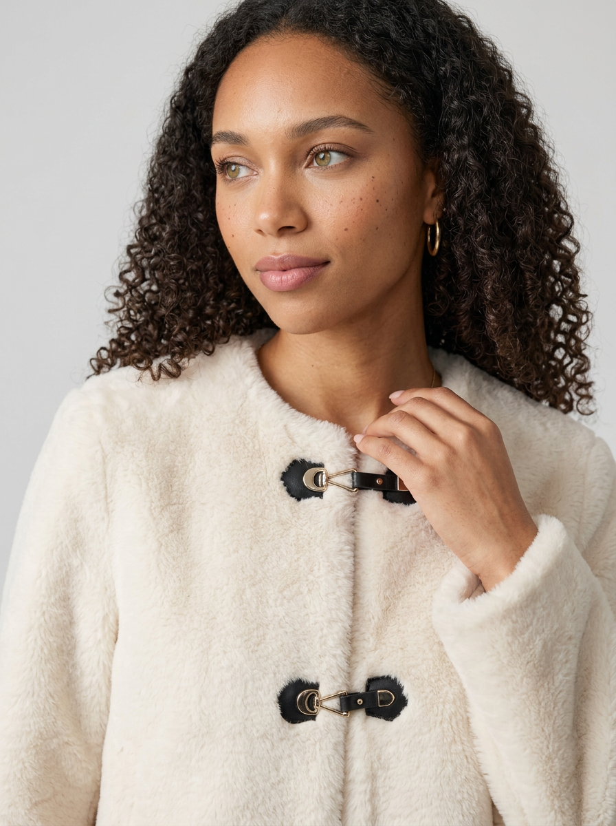 Women's Faux Fur Toggle Button Jacket in Beige