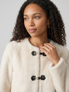 Women's Faux Fur Toggle Button Jacket in Beige – close-up