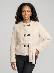 Women's Faux Fur Toggle Button Jacket in Beige