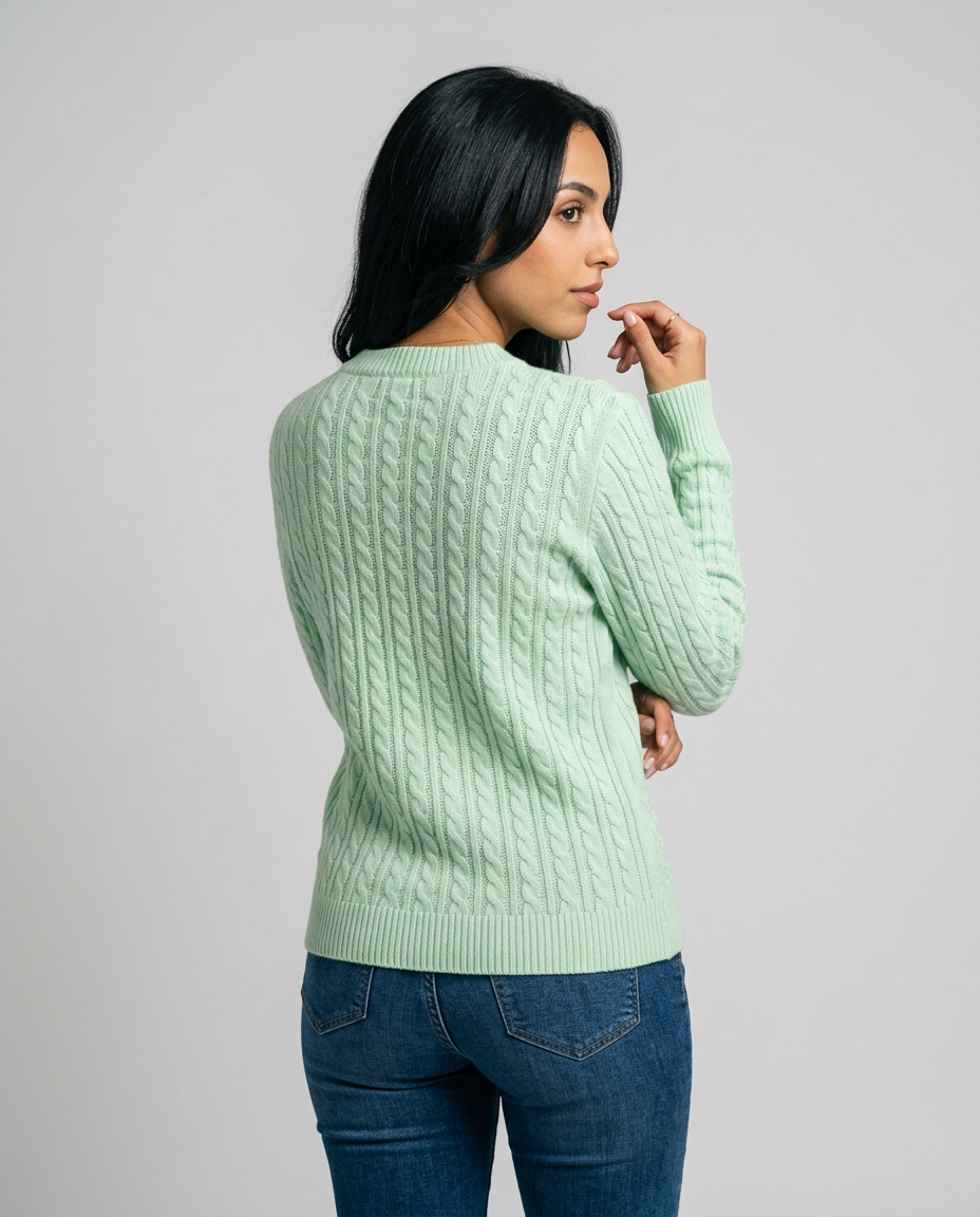 Women's Cable Knit Round Neck Jumper in Light Green – back view