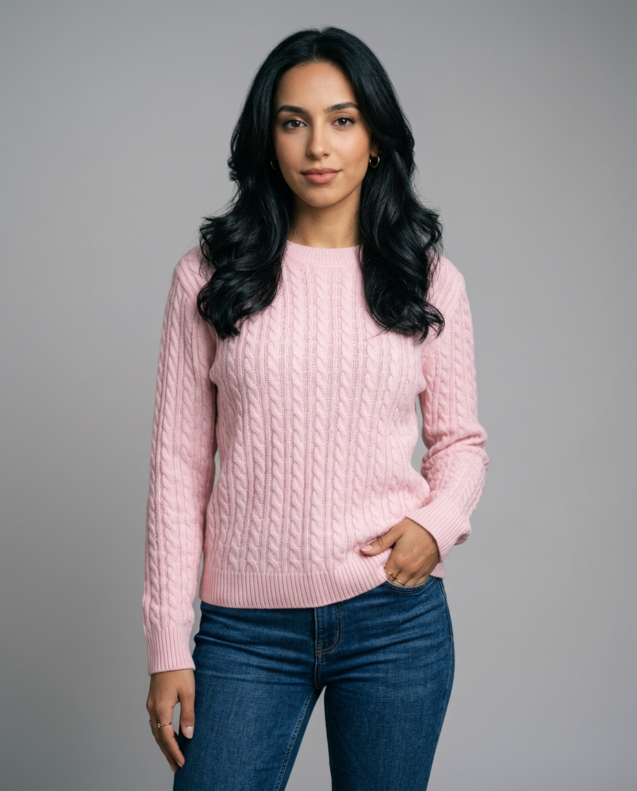 Women's Cable Knit Round Neck Jumper in Pink – front view
