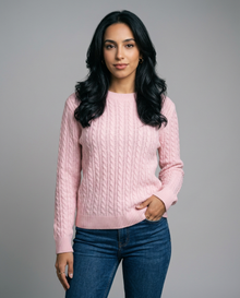 Women's Cable Knit Round Neck Jumper in Pink – front view
