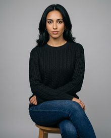 Women's Cable Knit Round Neck Jumper in Black – front view