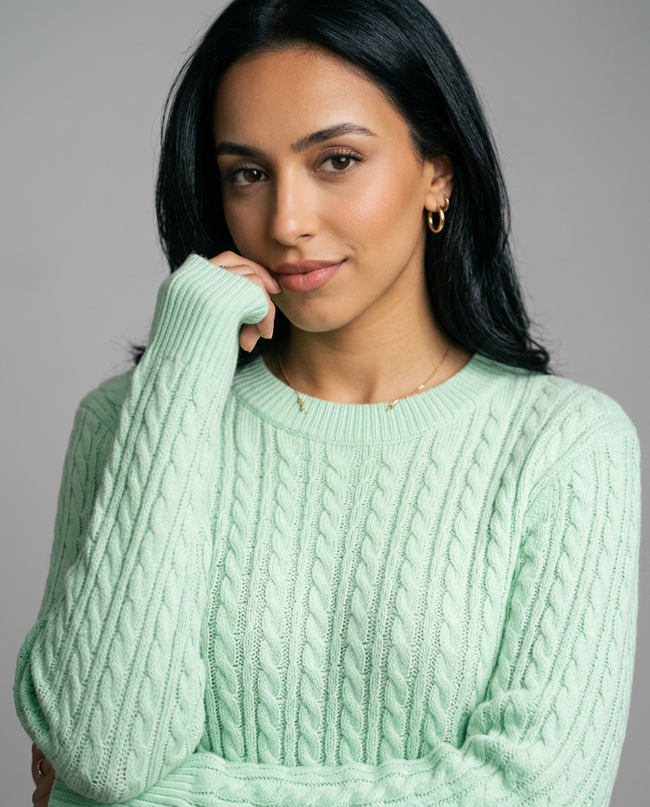 Women's Cable Knit Round Neck Jumper in Light Green – three-quarter view