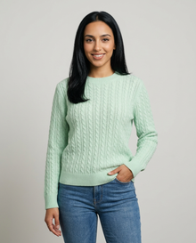 Women's Cable Knit Round Neck Jumper in Light Green – front view