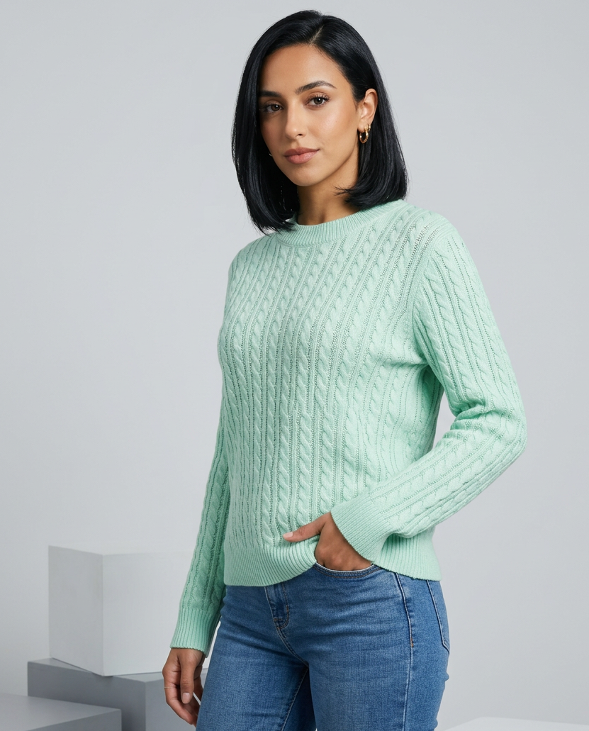 Women's Cable Knit Round Neck Jumper in Light Green – three-quarter view