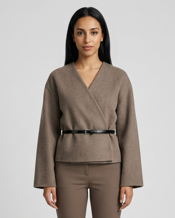 Women's Belted Wrap Coat in Beige – front view