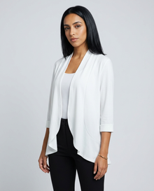 Women's Open Front Draped Cardigan in White – three-quarter view