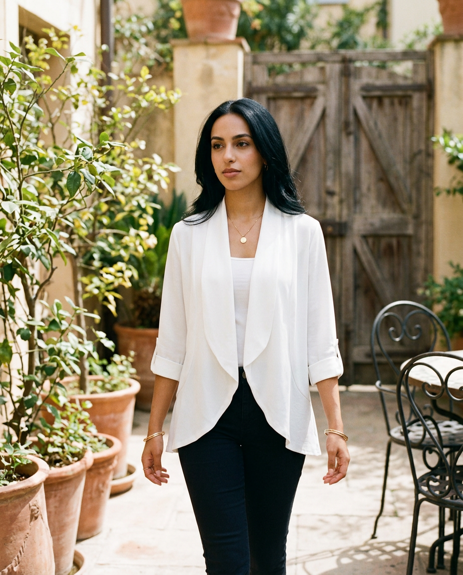 Women's Open Front Draped Cardigan in White – lifestyle shot