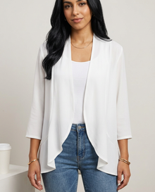 Women's Open Front Draped Cardigan in White – close-up