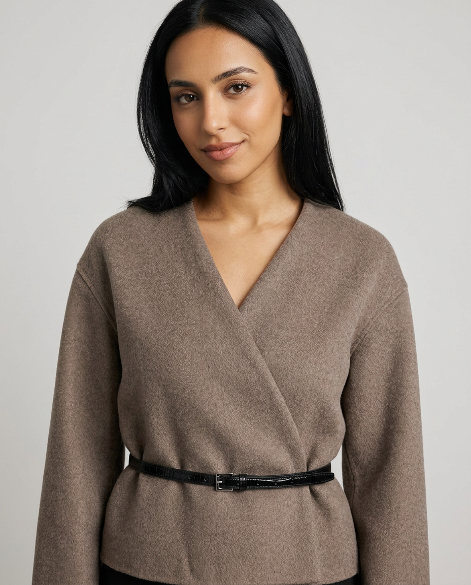 Women's Belted Wrap Coat in Beige – close-up