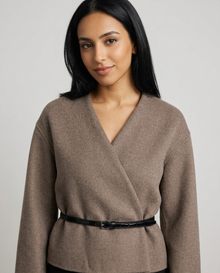 Women's Belted Wrap Coat in Beige – close-up