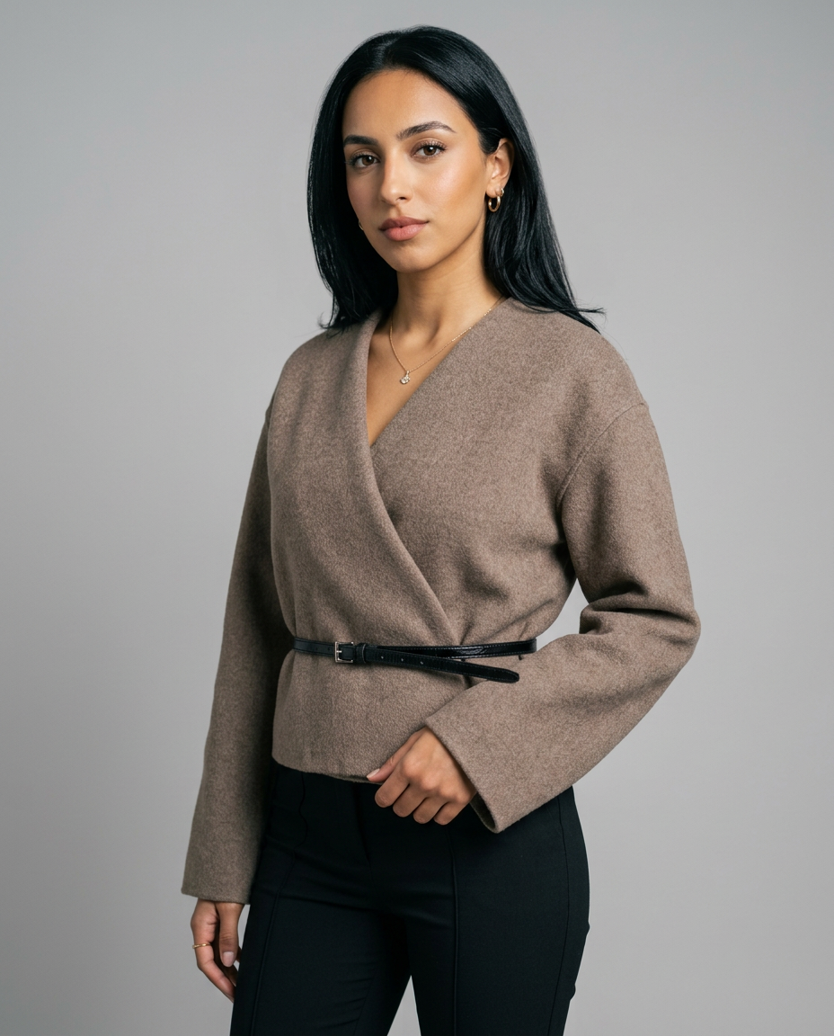 Women's Belted Wrap Coat in Beige – front view