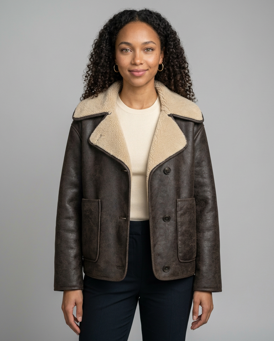 Women's Fleece Lined Single-Breasted Coat in Brown – front view