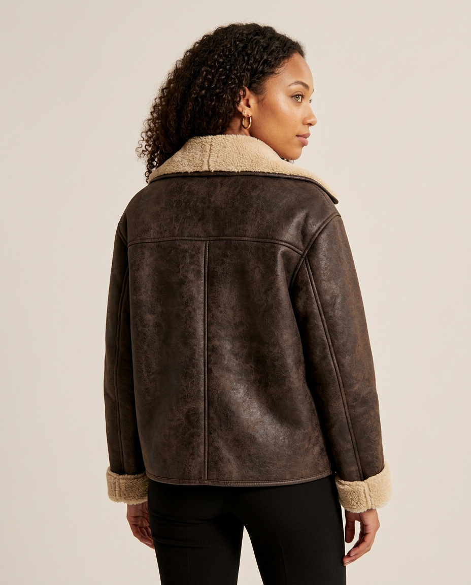 Women's Fleece Lined Single-Breasted Coat in Brown – back view