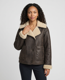 Women's Fleece Lined Single-Breasted Coat in Brown – three-quarter view