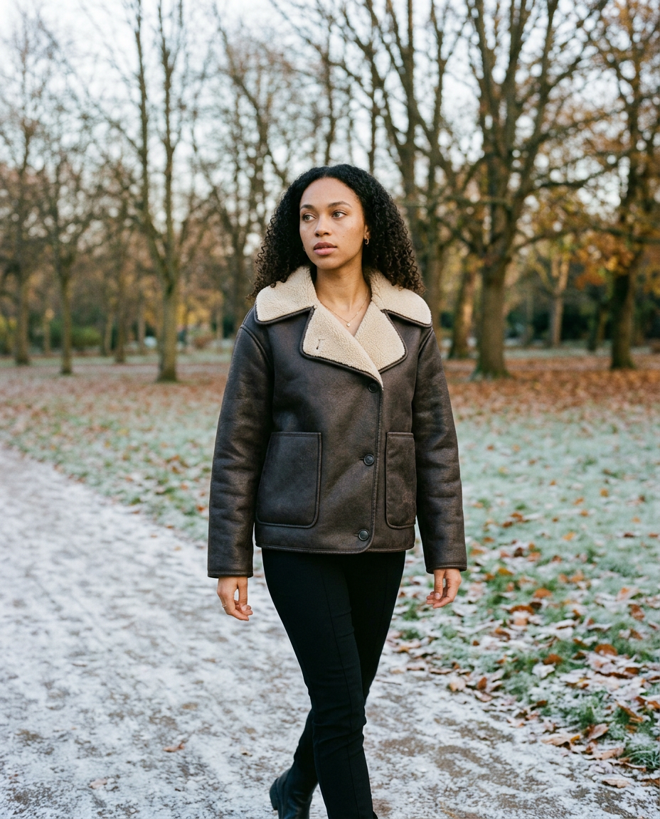 Women's Fleece Lined Single-Breasted Coat in Brown – lifestyle shot