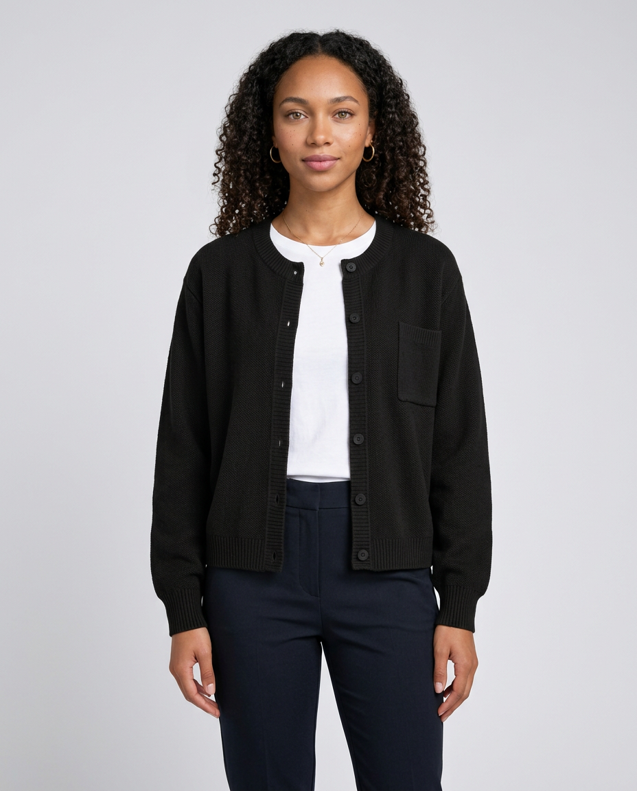 Women's Relaxed V-Neck Pocket Cardigan in Black – front view