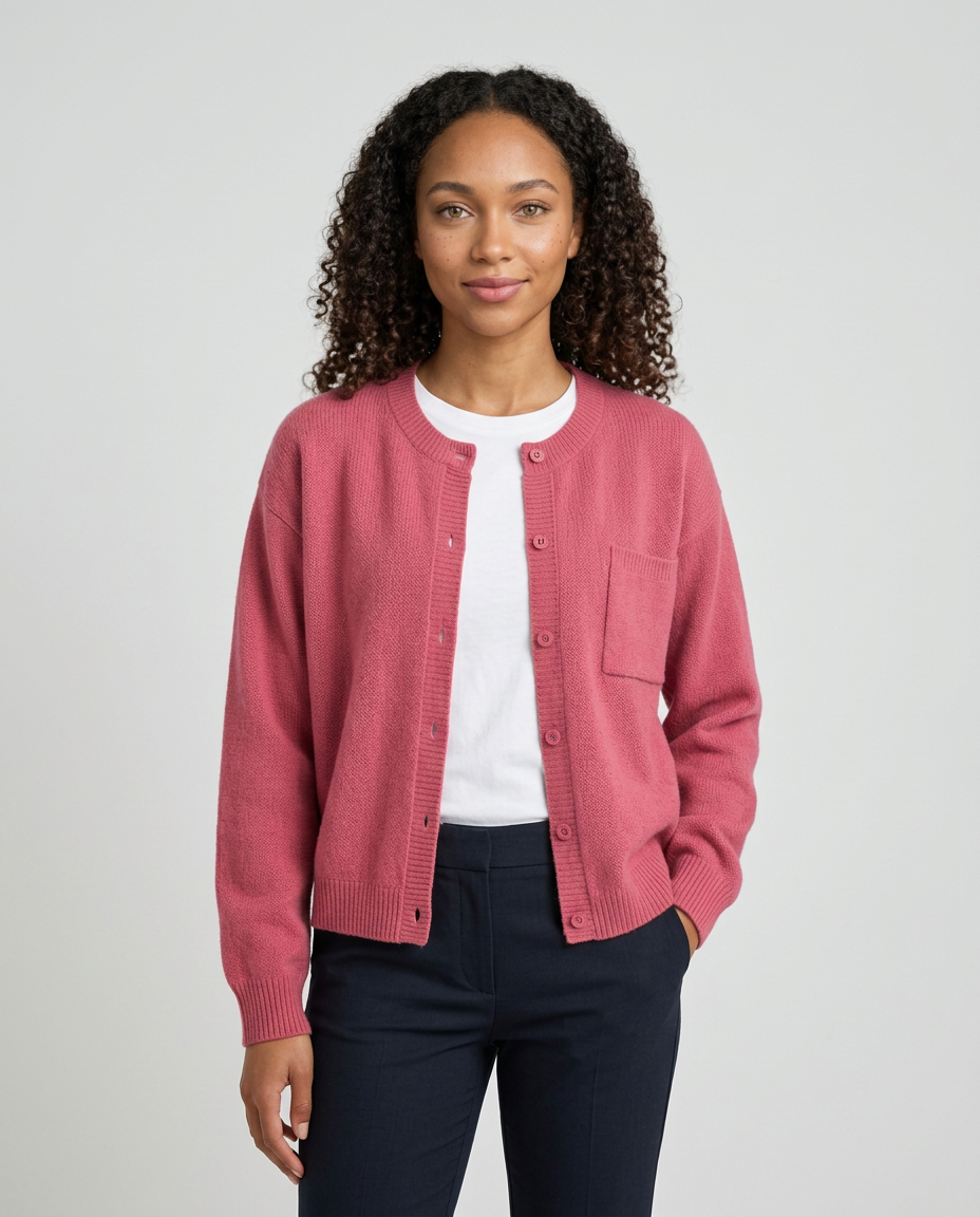 Women's Relaxed V-Neck Pocket Cardigan in Dark Pink – front view