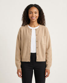 Women's Relaxed V-Neck Pocket Cardigan in Apricot – front view