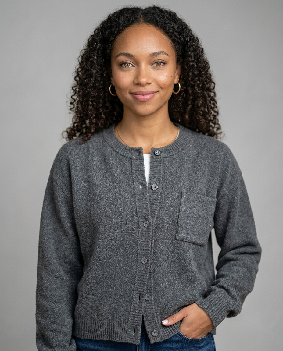 Women's Relaxed V-Neck Pocket Cardigan in Grey – close-up
