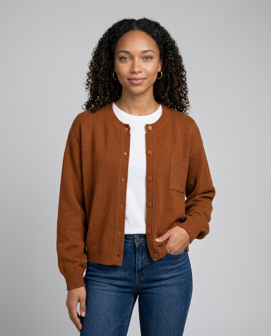 Women's Relaxed V-Neck Pocket Cardigan in Light Brown – front view