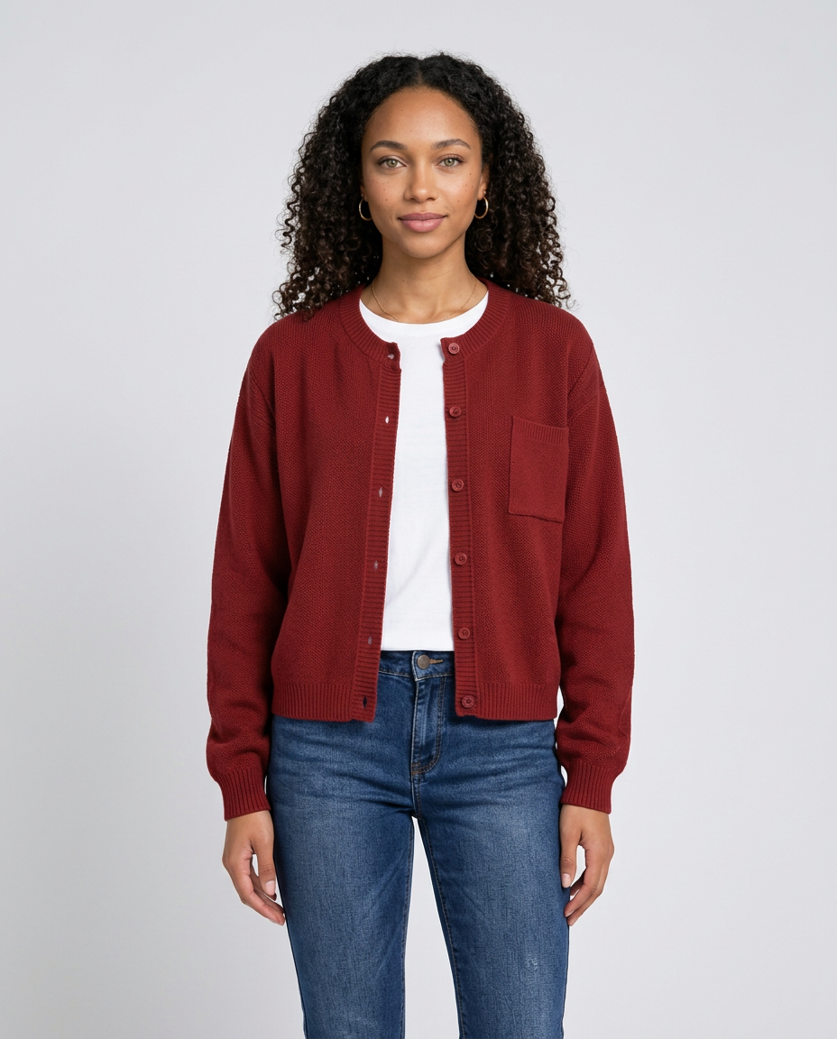 Women's Relaxed V-Neck Pocket Cardigan in Red – front view