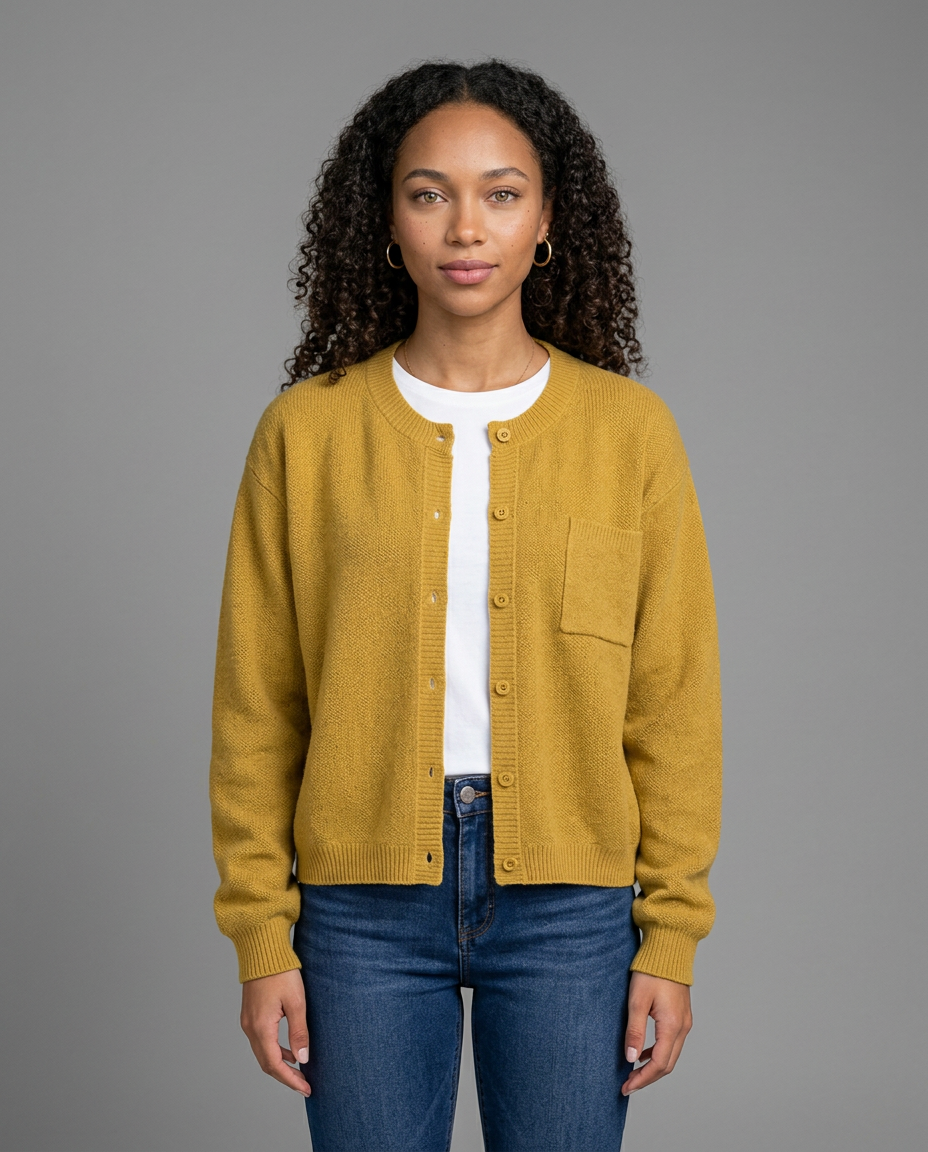 Women's Relaxed V-Neck Pocket Cardigan in Yellowish Brown – front view
