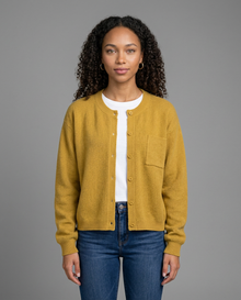 Women's Relaxed V-Neck Pocket Cardigan in Yellowish Brown – front view