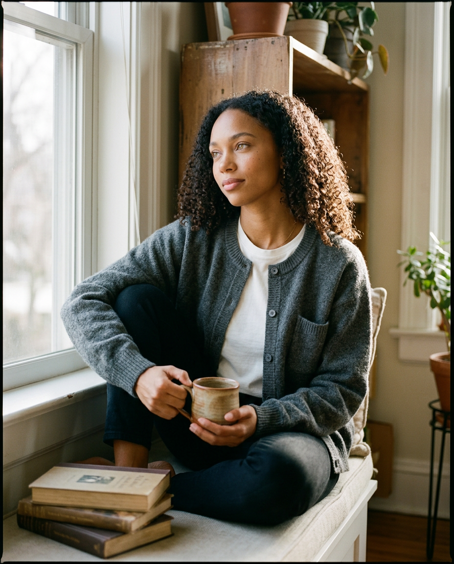 Women's Relaxed V-Neck Pocket Cardigan in Grey – lifestyle shot